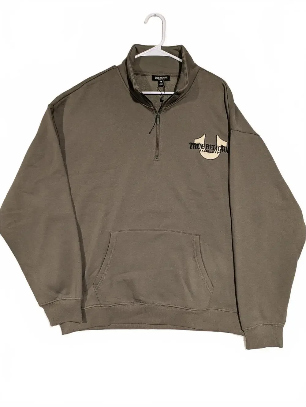 True Religion Quarter Zip Pullover Sweatshirt Olive Embroidered Logo Mens XL